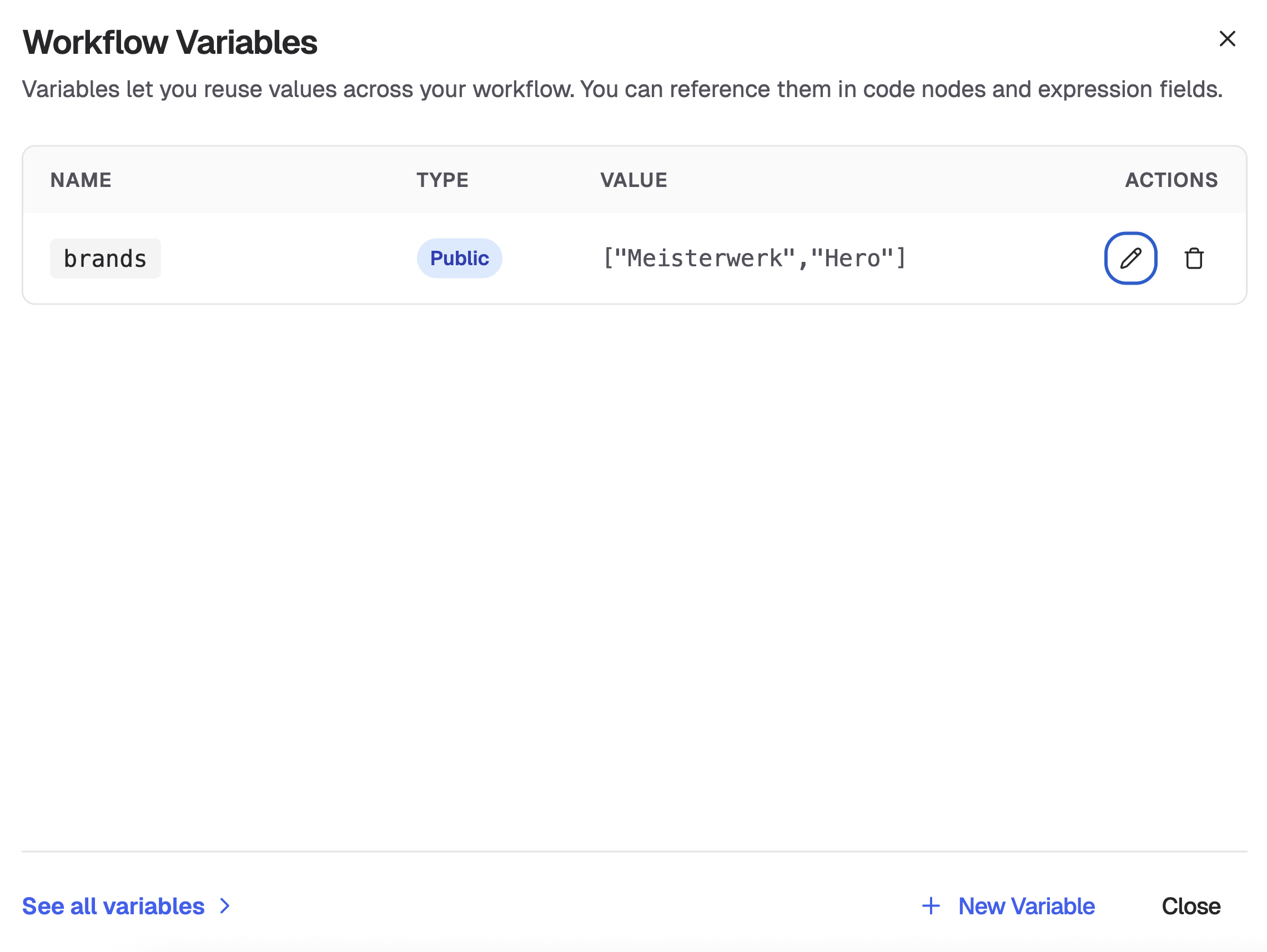 Workflow variables setup for the brands list